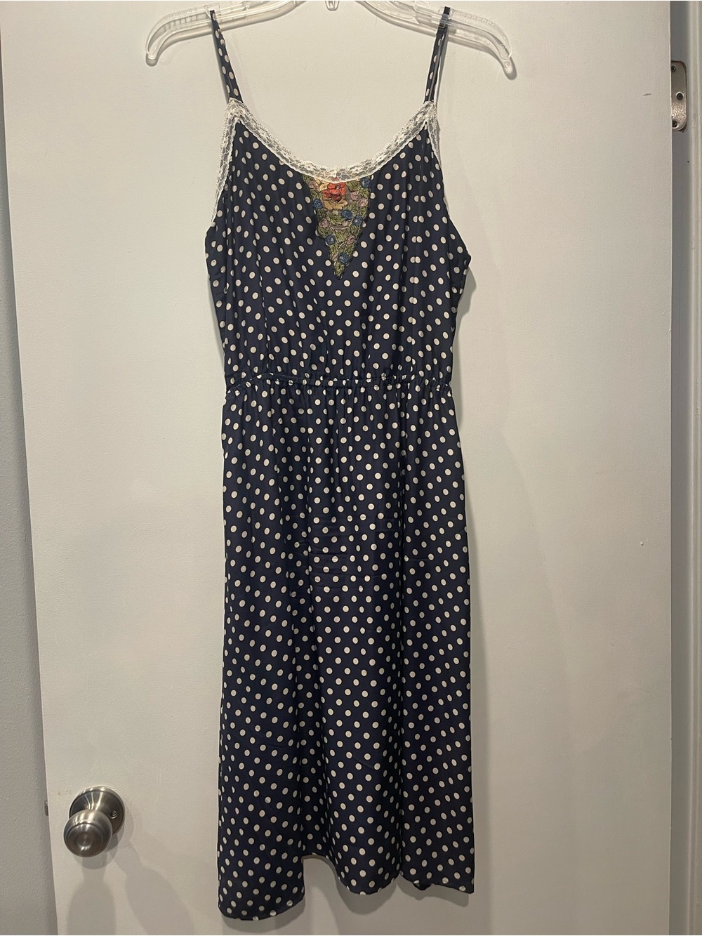 Beyond Vintage Navy White Polka Dot Maxi Dress M Floral Embroidery